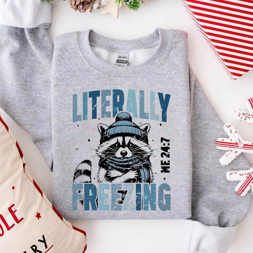 Heather Gray Literally Freezing Racoon Long Sleeve Crew Neck Sweatshirt
